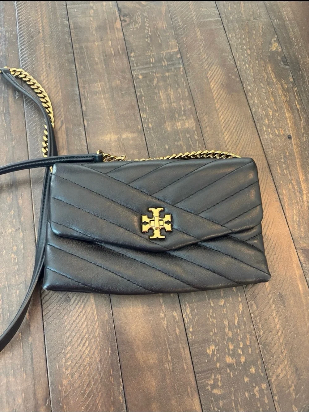 Tory Burch Black Quilted Leather Chevron Crossbody with Gold Hardware